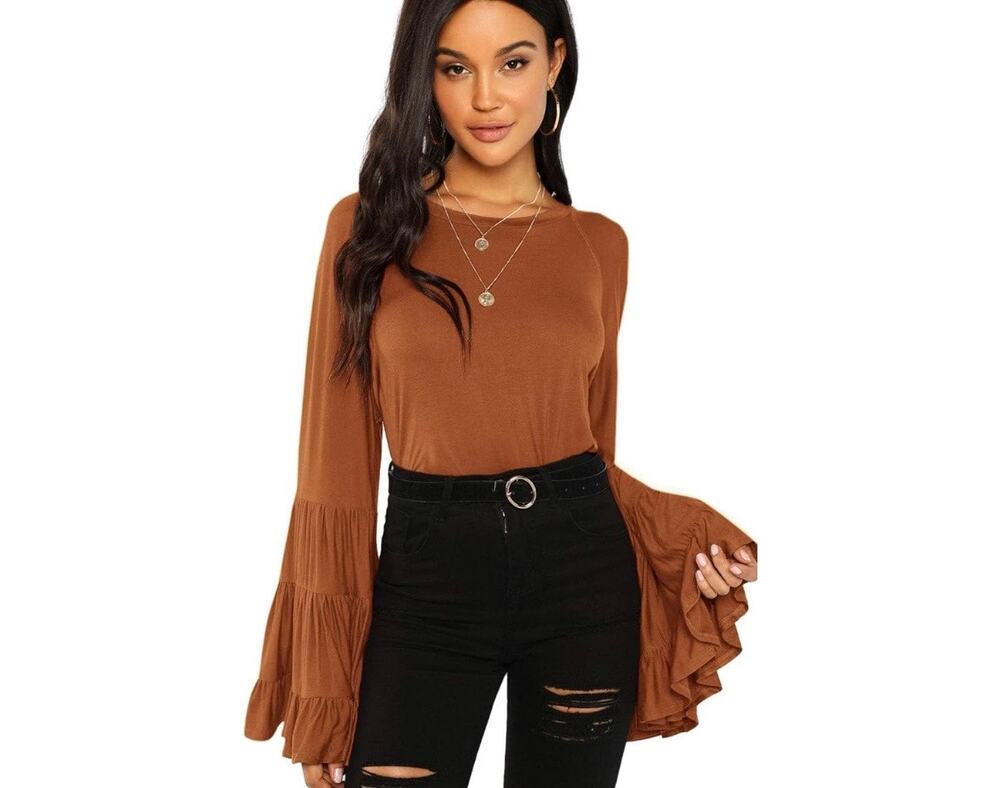 Floerns Women's Burnt Orange Western Bell Sleeve Blouse Size S